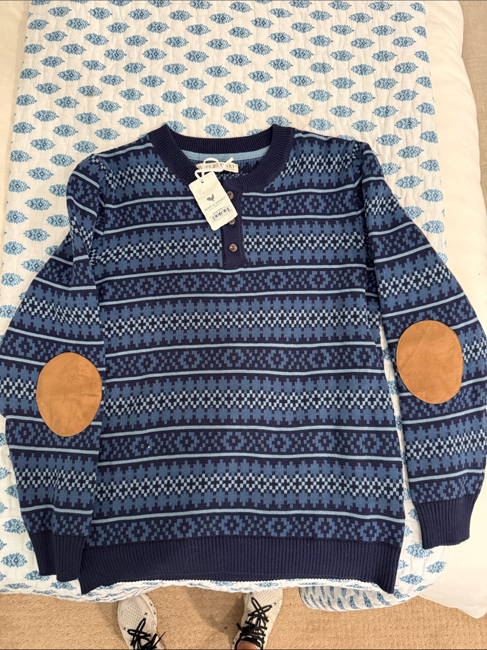 Organic Youth xl Navy Blue Patterned Henley Sweater with Elbow Patches NWT